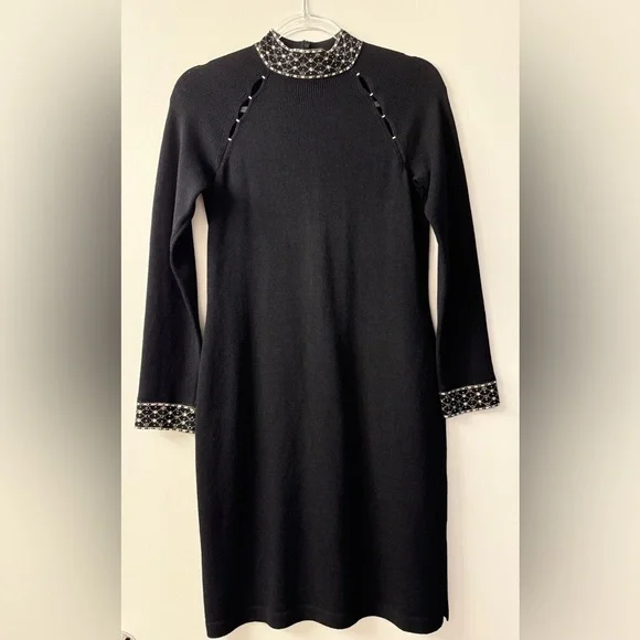 St. John Evening Black Knit Dress with Jewel Embellished Neckline & Cuffs - Picture 7 of 12